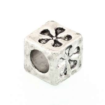 Großlochperle, 9X9mm, Würfel mit Ornament, silberfarben silberfarben