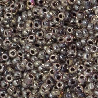 Rocailles, 50g, rund, 4mm, transparent mit grau irisierendem Farbeinzug transparent mit grau irisierendem Farbeinzug