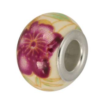 Großlochperle aus Keramik, 13mm, Blumenmuster pinkfarben weiß