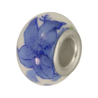 Großlochperle aus Keramik, 13mm, Blumenmuster blau weiß