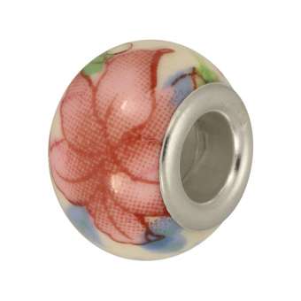 Großlochperle aus Keramik, 13mm, Blumenmuster rosa weiß