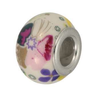 Großlochperle aus Keramik, 13mm, Blumenmuster bunt weiß