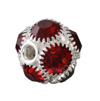 Strassperle, 13X12mm, rund, silberfarben, rot silberfarben, rot