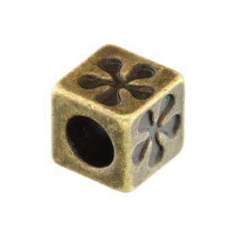 Großlochperle, 9X9mm, Würfel mit Ornament, bronzefarben bronzefarben