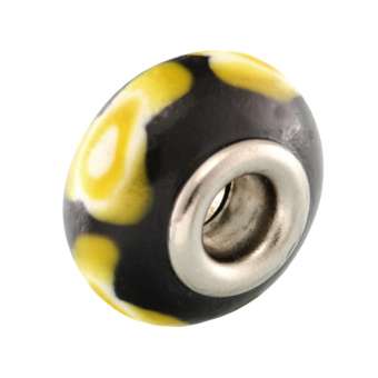 Großlochperle aus Fimo, 15X9mm, rund, schwarz / gelb (bunt) 