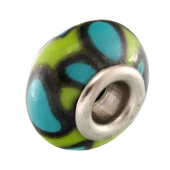 Großlochperle aus Fimo, 15X9mm, rund, grasgrün / türkis (bunt) 
