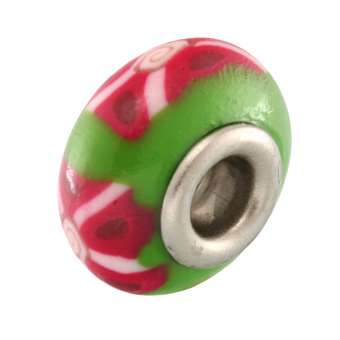 Großlochperle aus Fimo, 15X9mm, rund, hellgrün / pink (bunt) 