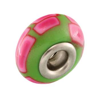 Großlochperle aus Fimo, 15X9mm, rund, hellgrün / rosa (bunt) 