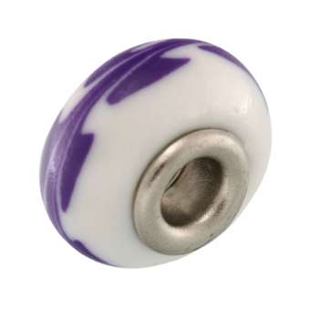 Großlochperle aus Fimo, 15X9mm, rund, weiß / dunkellila (bunt) 