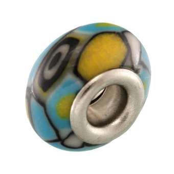 Großlochperle aus Fimo, 15X9mm, rund, hellblau / gelb (bunt) 