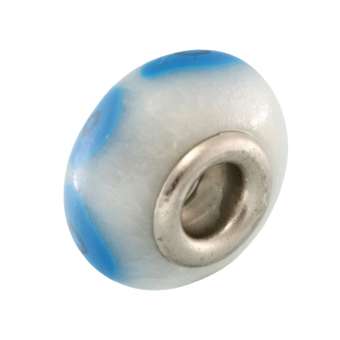 Großlochperle aus Fimo, 15X9mm, rund, weiß / hellblau (bunt) 