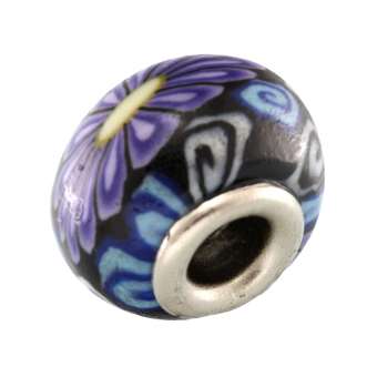 Großlochperle aus Fimo, 15X9mm, rund, schwarz / dunkellila (bunt) 