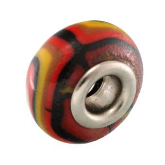 Großlochperle aus Fimo, 15X9mm, rund, rot / schwarz (bunt) 