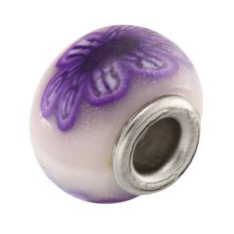 Großlochperle aus Fimo, 15X11mm, rund, eierschalen weiß / dunkellila (bunt) 
