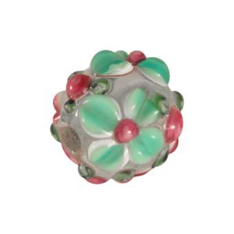 Glasperle mit Blüten, 12 mm, türkis - rosa türkis - rosa