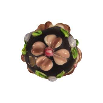 Glasperle mit Blüten, 12 mm, schwarz - rosa schwarz - rosa