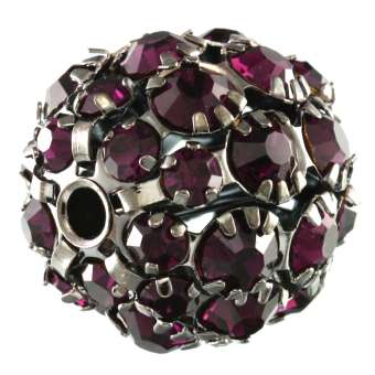 Perle mit Strass, 20mm, rund, lila lila (schwarz-silberfarben)