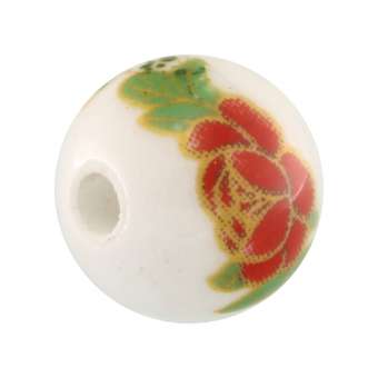Keramikperle, 12mm, rund, weiß (rot) weiß (rot)