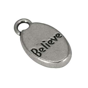 Anhänger, 15X8mm, "Believe", silberfarben silberfarben