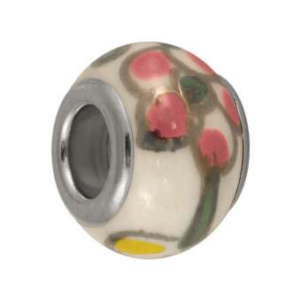 Keramik Großloch-Perle, 13 mm, Blüten Design, weiß weiß