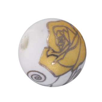 Keramikperle mit Blütenmotiv, 10mm, weiß-gelb weiß-gelb, 10mm, rund