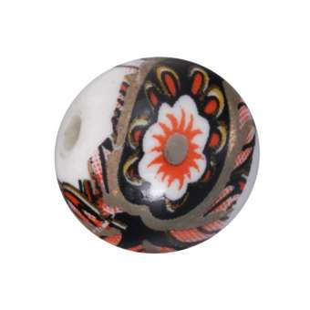 Keramikperle mit Blütenmotiv, 10mm, weiß-schwarz weiß-schwarz, 10mm, rund