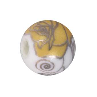Keramikperle mit Blütenmotiv, 8mm, weiß-gelb weiß-gelb, 8mm, rund
