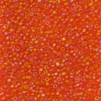 Rocailles, 50g, rund, 1,5mm, orange transparent-rainbow orange transparent-rainbow