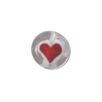 Glasperle, 8mm, rund mit Herzmotiv, transparent (rot) 