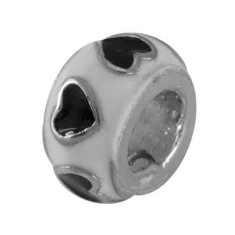Großlochperle mit Herzen, 12mm, silberfarben (weiß / schwarz) silberfarben (weiß)