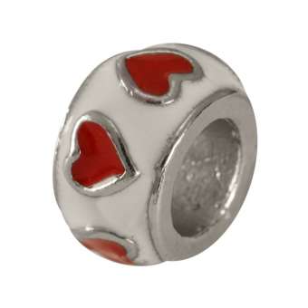 Großlochperle mit Herzen, 12mm, silberfarben (weiß / rot) silberfarben (rot)