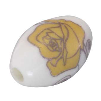 Keramikperle mit Blütenmotiv, 16mm, oval, weiß-gelb weiß-gelb, 16mm, oval