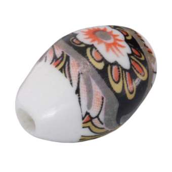 Keramikperle mit Blütenmotiv, 16mm, oval, weiß-schwarz weiß-schwarz, 16mm, oval