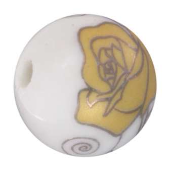 Keramikperle mit Blütenmotiv, 14mm, rund, weiß-gelb weiß-gelb, 14mm, rund