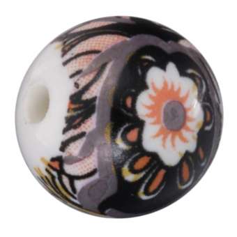 Keramikperle mit Blütenmotiv, 14mm, rund, weiß-schwarz weiß-schwarz, 14mm, rund