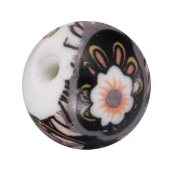 Keramikperle mit Blütenmotiv, 14mm, rund, weiß-schwarz weiß-schwarz, 14mm, rund