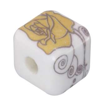 Keramikperle mit Blütenmotiv, 12mm, rechteckig, weiß-gelb weiß-gelb, 12mm, rechteckig