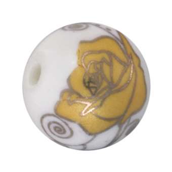 Keramikperle mit Blütenmotiv, 14mm, rund, weiß-gelb weiß-gelb, 14mm, rund