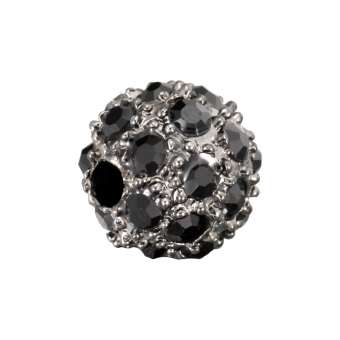 Strassperle, 8mm, rund, schwarz/ silberfarben schwarz/ antik silberfarben