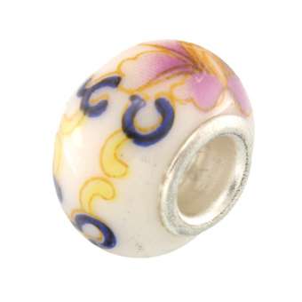 Großlochperle aus Keramik, 15X11mm, rund, eierschalen weiß / dunkelblau (bunt) 