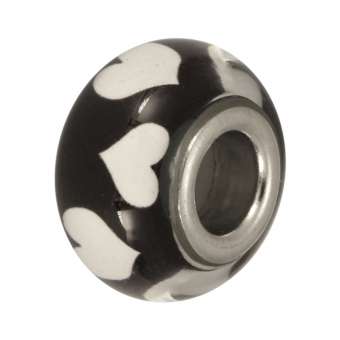 Großlochperle mit Herzdesign, 14mm, schwarz schwarz-weiß Herzen