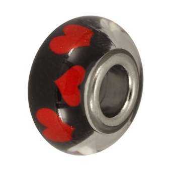 Großlochperle mit Herzdesign, 14mm, schwarz schwarz-rot Herzen